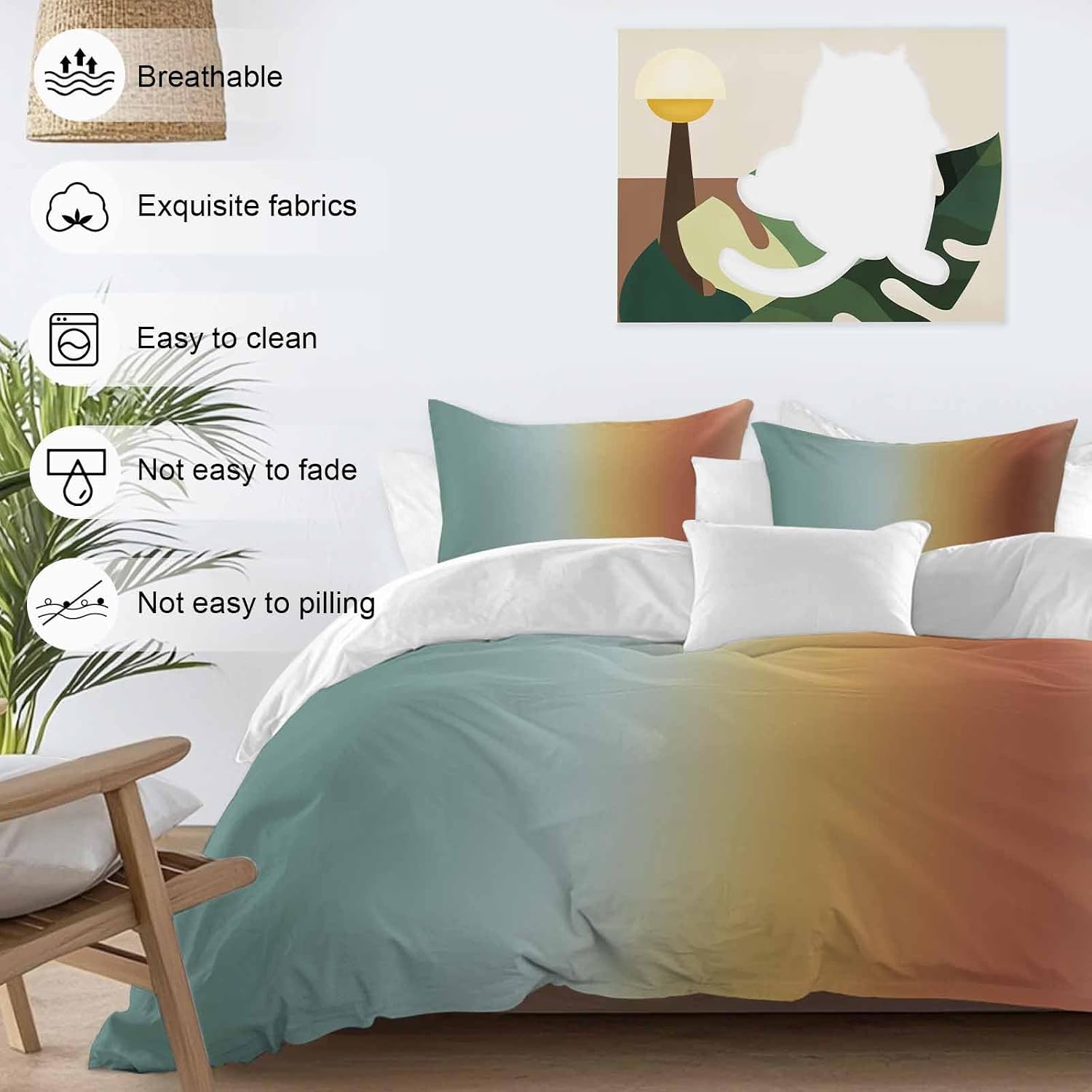Gradient Blue Red Duvet Cover Set Queen Size 4 Pieces Modern Abstract Minimalist Yellow Orange Ocean Beach Bedding Set with Zipper Closure, 1 Comforter Cover 86x86 Inches 1 Flat Sheet & 2 Pillow Cases