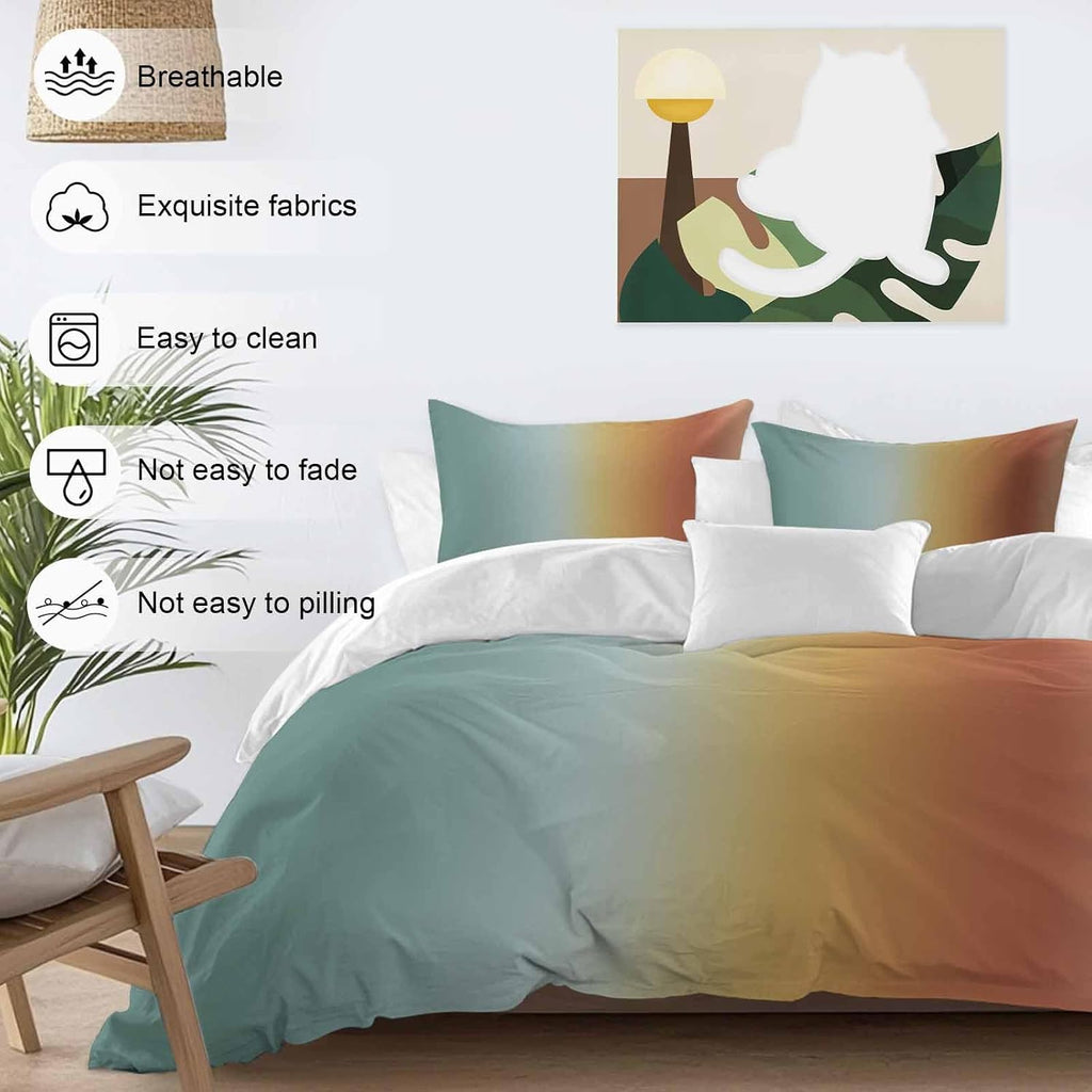 Gradient Blue Red Duvet Cover Set Queen Size 4 Pieces Modern Abstract Minimalist Yellow Orange Ocean Beach Bedding Set with Zipper Closure, 1 Comforter Cover 90x92 Inches 1 Flat Sheet & 2 Pillow Cases