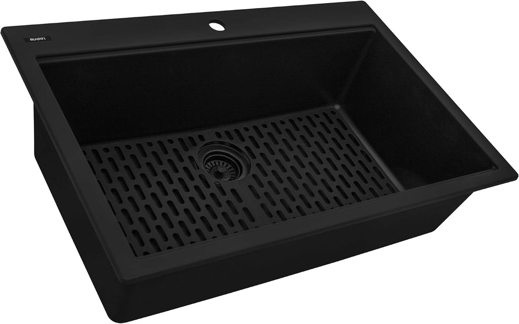 Ruvati 33 x 22 inch epiGranite Drop-in Topmount Granite Composite Quartz Single Bowl Kitchen Sink - Midnight Black - RVG1080BK