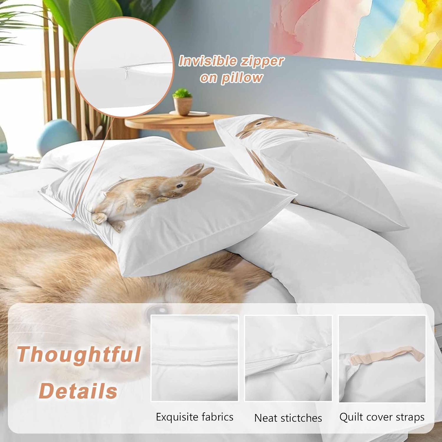 Rabbit Sitting on The Toilet Thinking Duvet Cover Set Queen Size 4 Pieces Abstract Funny Animal Bedding Set with Zipper Closure, 1 Comforter Cover 92x106 Inches 1 Flat Sheet & 2 Pillow Cases