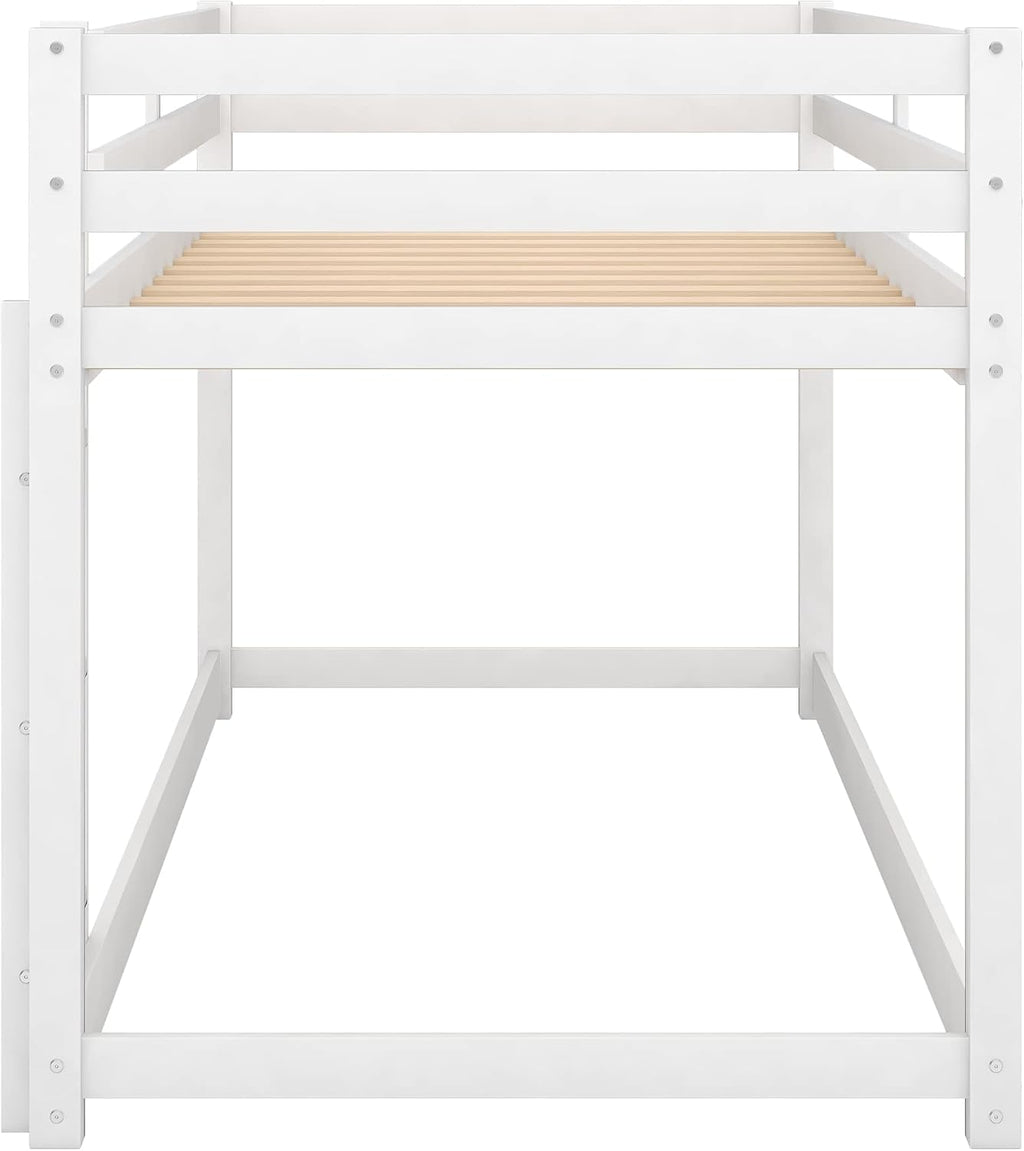 Twin Over Twin Floor Bunk Bed with Ladder,Bed Frame W/Sturdy Slats and Full Length Guardrails,for Bedroom,Apartment,Guest Room,Easy to Assemble,White