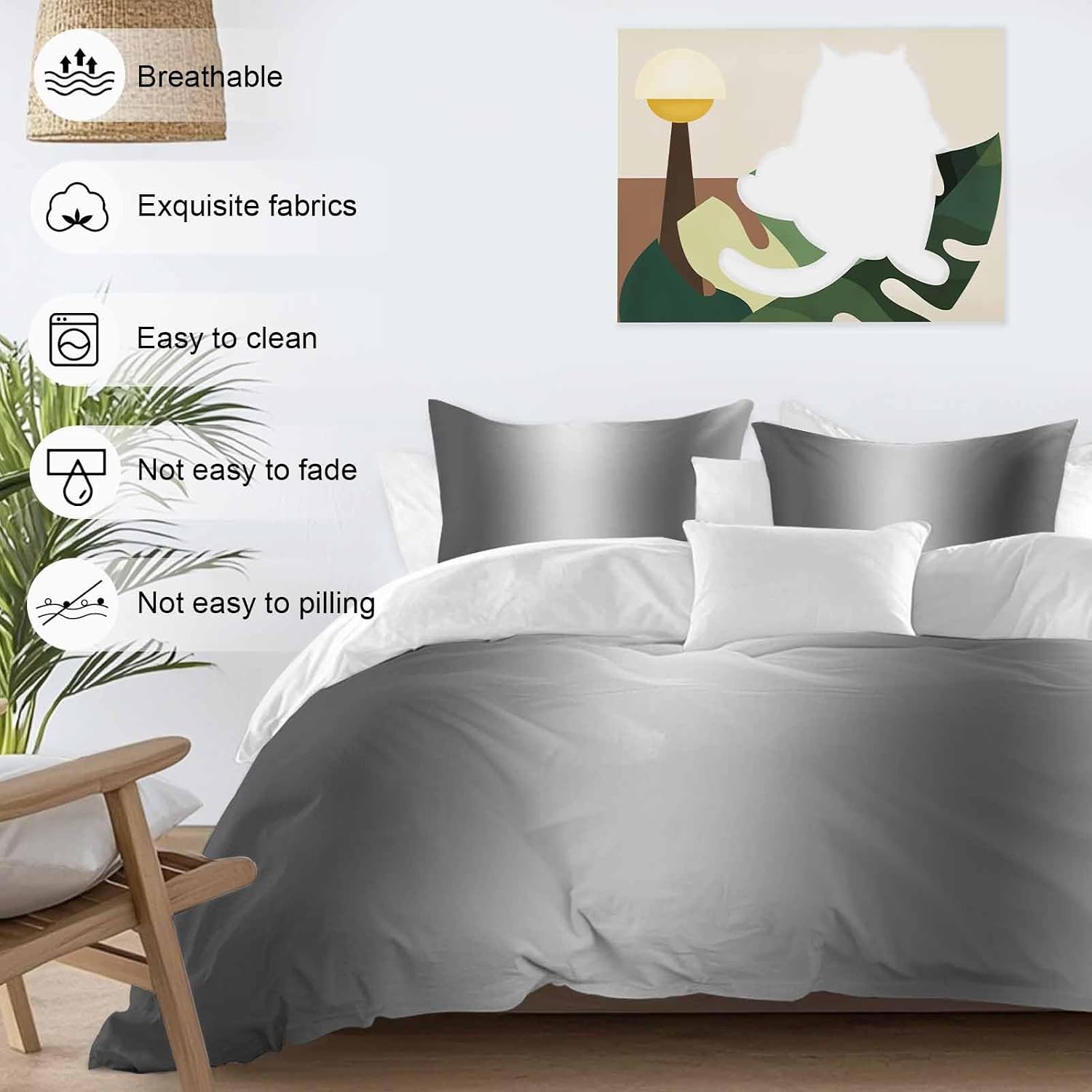 Gradient Gray Black Duvet Cover Set Queen Size 4 Pieces Modern Abstract Minimalist Grey Ocean Beach Bedding Set with Zipper Closure, 1 Comforter Cover 92x106 Inches 1 Flat Sheet & 2 Pillow Cases