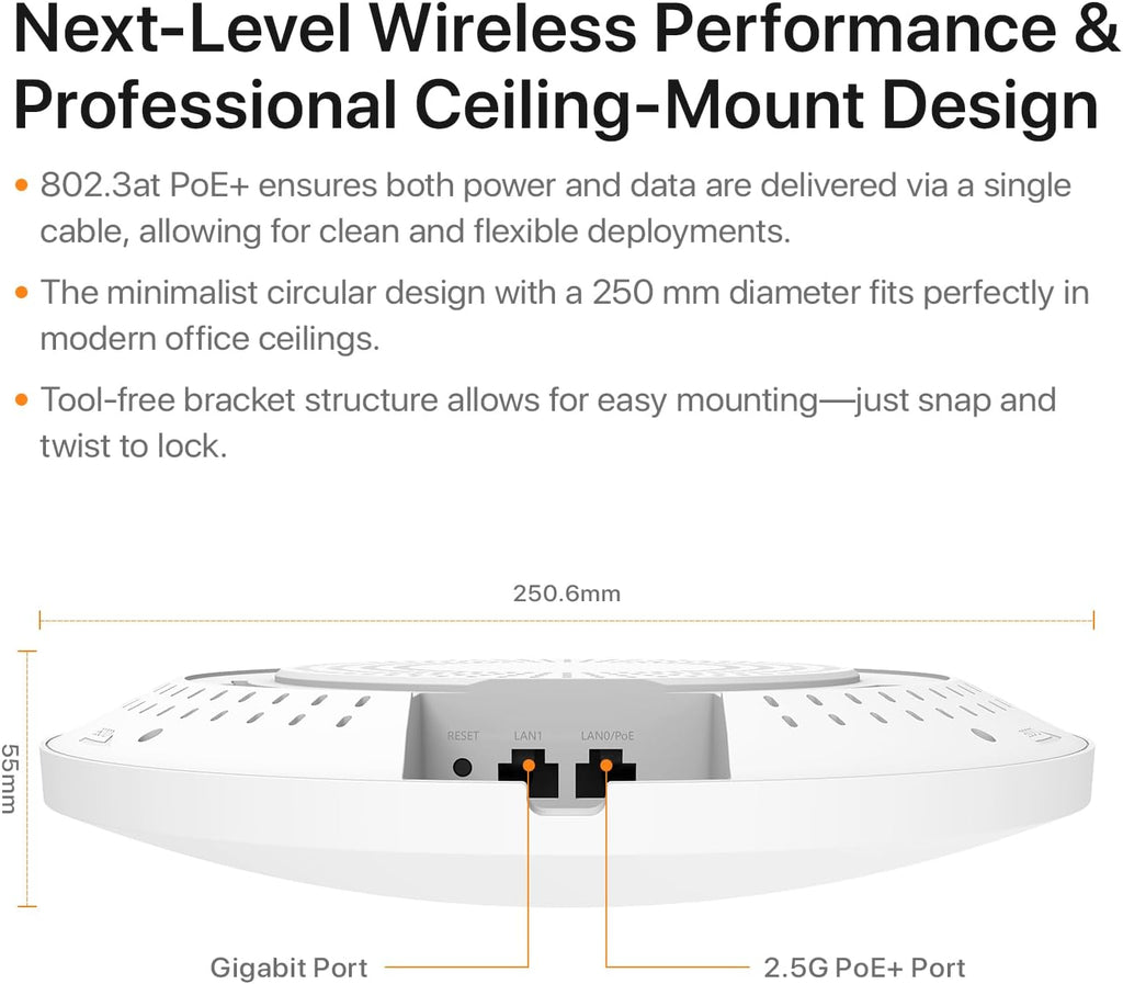 Tenda BE5010 WiFi 7 Wireless Access Point | Ceiling Mount Access Point for Future-Proof Business Network | 2.5G PoE+ Port | DC Adapter Included | Cloud Managed | WPA3 | VLAN | Seamless Roaming (i36)