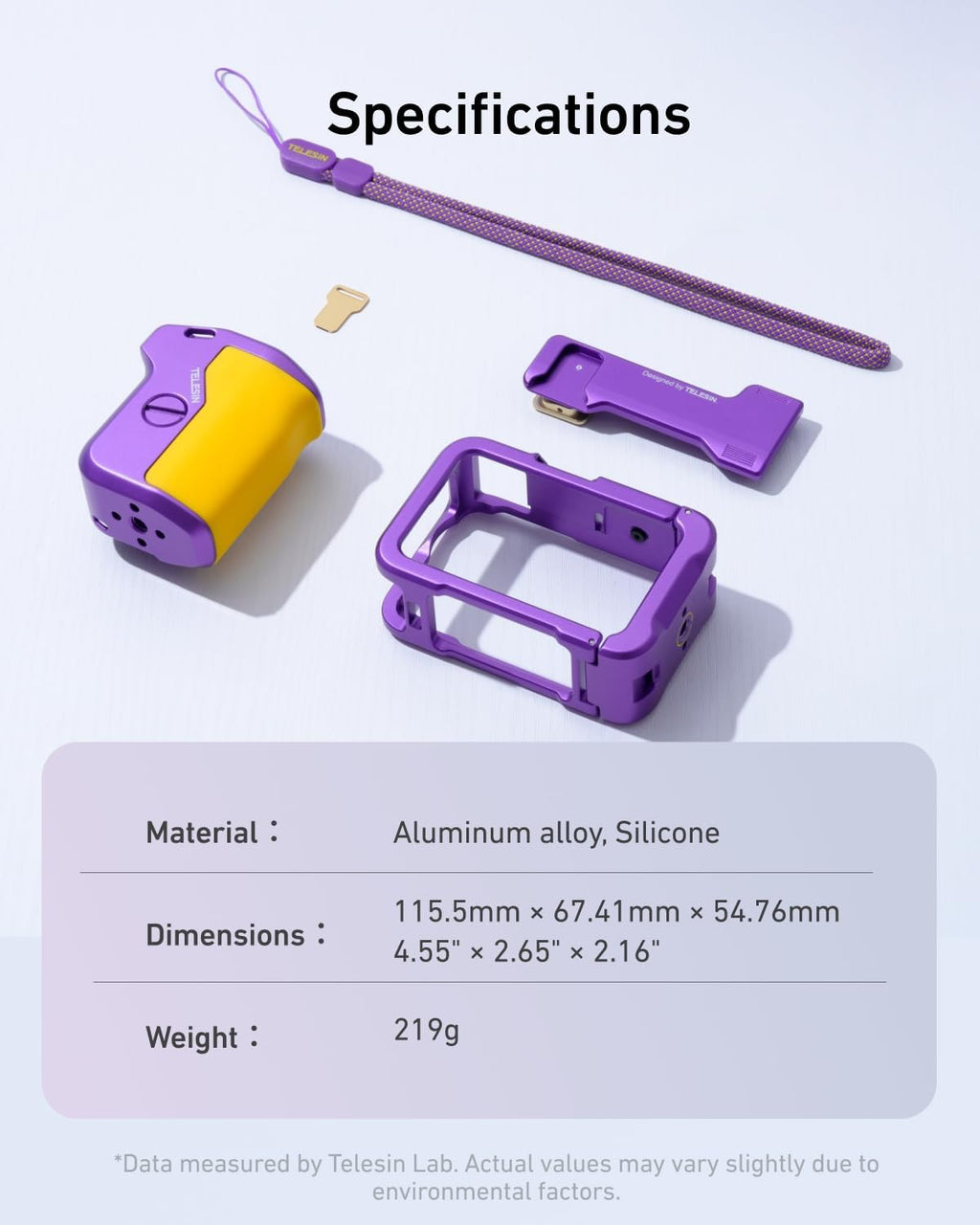 TELESIN Metal Aluminum Alloy Street Grip Kit for DJI Action 6 with Metal Cage Camera Grip Holder with Seesaw Shutter Button Aluminum Alloy Shell Backup TF Card Slot (Iridescent Purple-Gold)