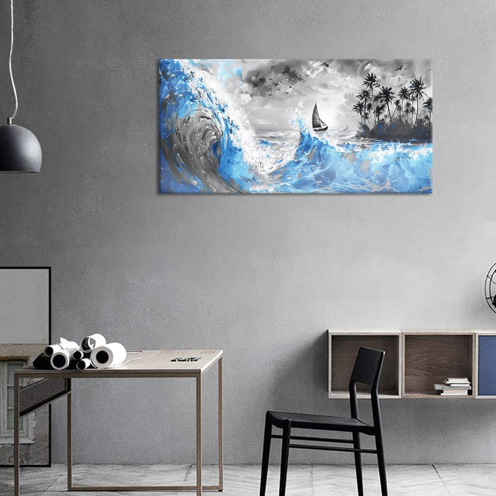 Piy Painting Blue Waves and Sailboat On Black and White Background Wall Art Decor Artwork for Living Room (30x60 Inches)