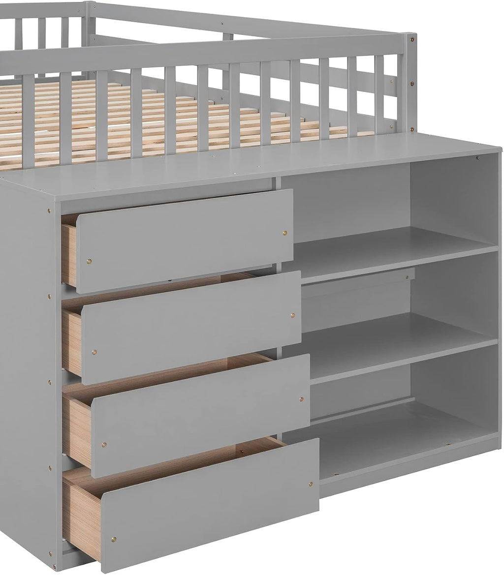 Full-Over-Full Size Bunk Bed, Bedroom Furniture Pine Wood Bed Frame with Storage Drawers and Open Shelves, Drawers and Shelves Set Can Be Moved, for Kids & Teens (Gray)