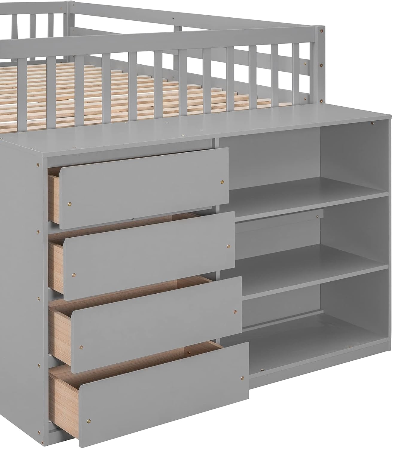 Full-Over-Full Size Bunk Bed, Bedroom Furniture Pine Wood Bed Frame with Storage Drawers and Open Shelves, Drawers and Shelves Set Can Be Moved, for Kids & Teens (Gray)