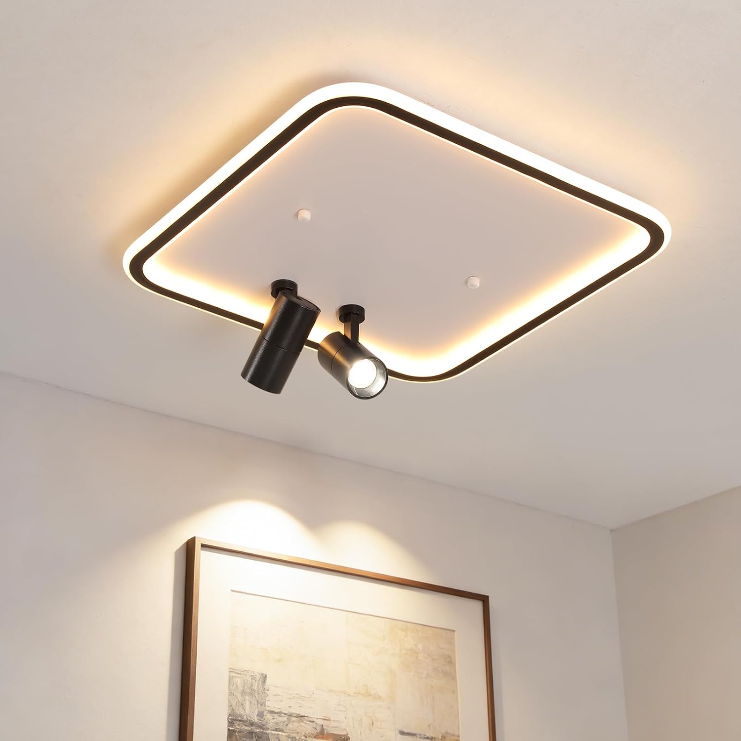 Shine LUEST Modern Square LED Flush Mount Ceiling Light Fixture, 2 Adjustable Spotlights, Black Frame White Shade Minimalist Lighting for Living Room Bedroom Kitchen