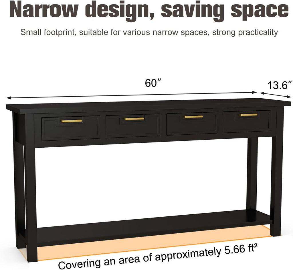 kinbor Black Entryway Table 60 Inch - Long Console Table with 4 Drawers, Narrow Sofa Table with Storage Shelf for Entryway Living Room
