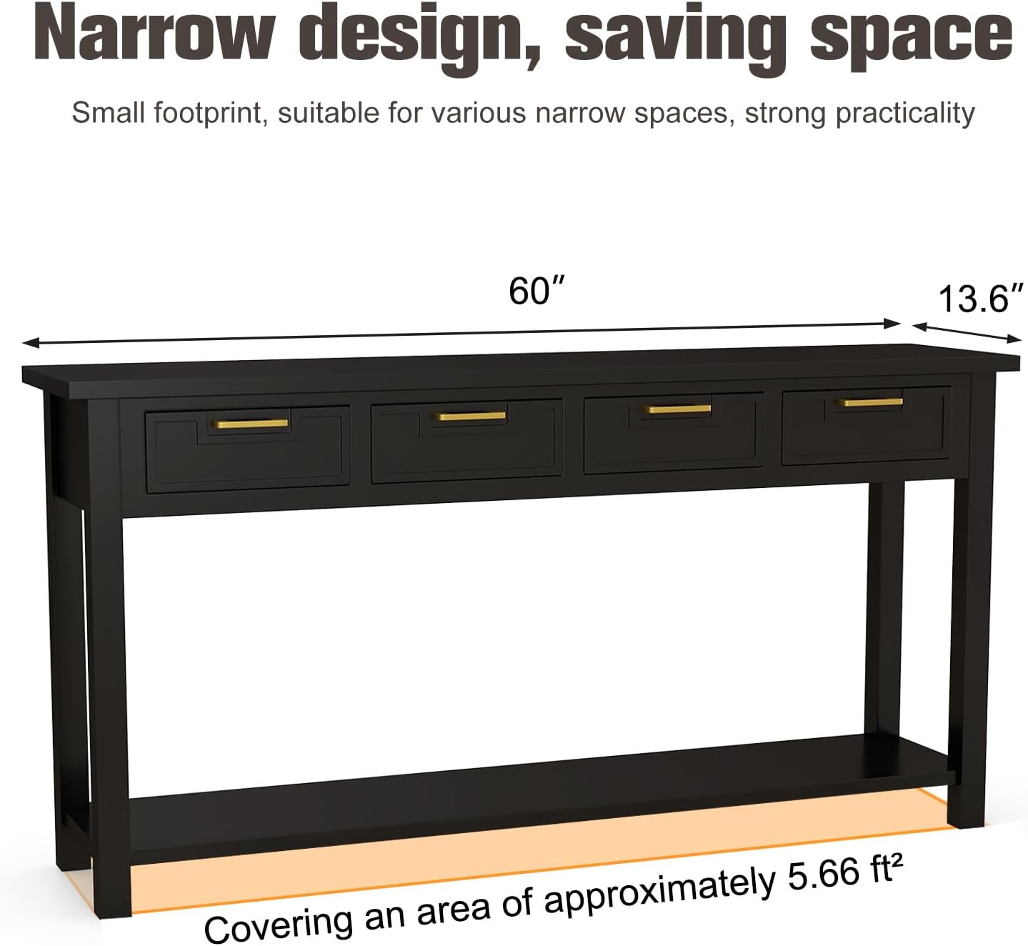 kinbor Black Entryway Table 60 Inch - Long Console Table with 4 Drawers, Narrow Sofa Table with Storage Shelf for Entryway Living Room
