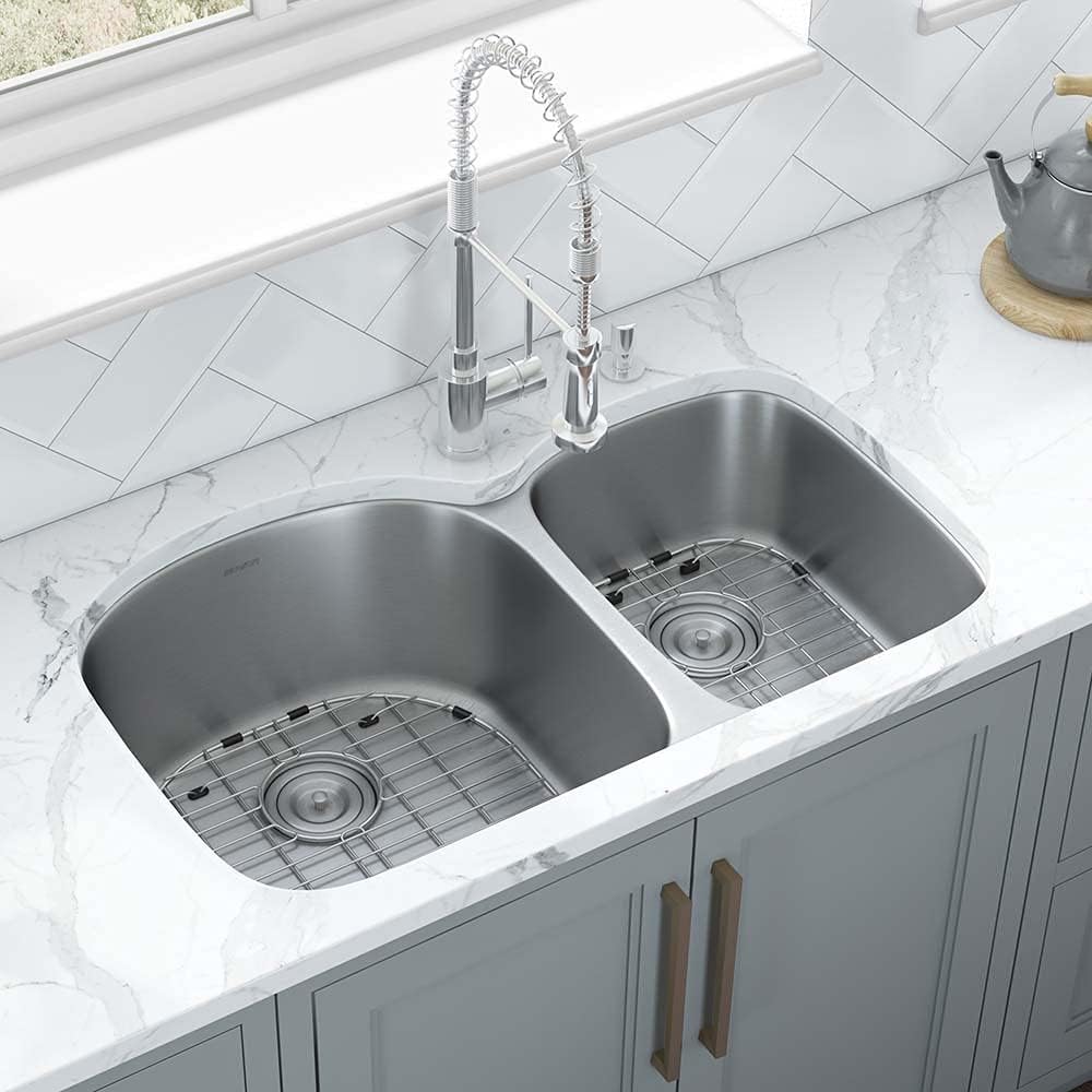 Ruvati 34-Inch Undermount Kitchen Sink – 60/40 Double Bowl Kitchen sink, 16 Gauge T-304 Stainless Steel Kitchen Sinks, Deep Basin Sink, Brushed Finish – RVM4600