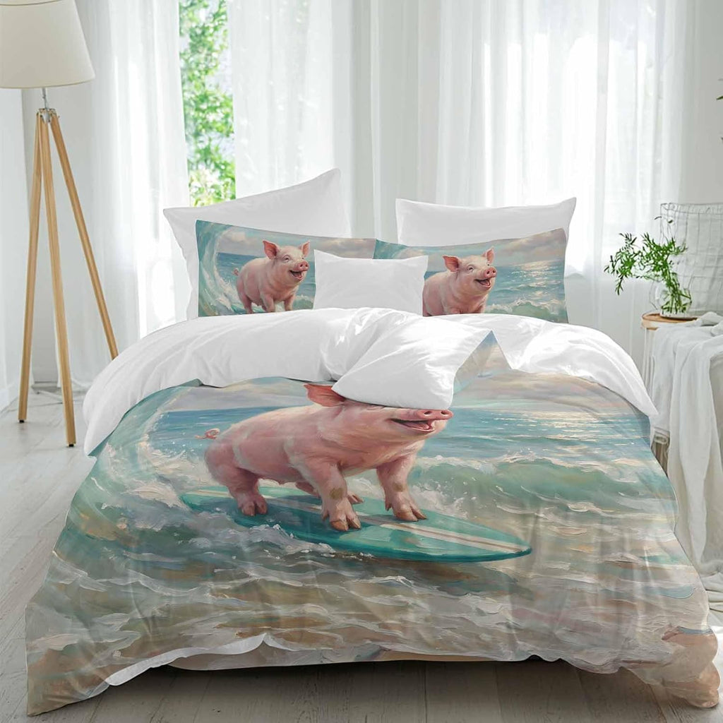 Summer Ocean Duvet Cover Set Queen Size 4 Pieces Watercolor Funny Pig Teal Surfboard Coastal Wave Bedding Set with Zipper Closure, 1 Comforter Cover 92x106 Inches 1 Flat Sheet & 2 Pillow Cases