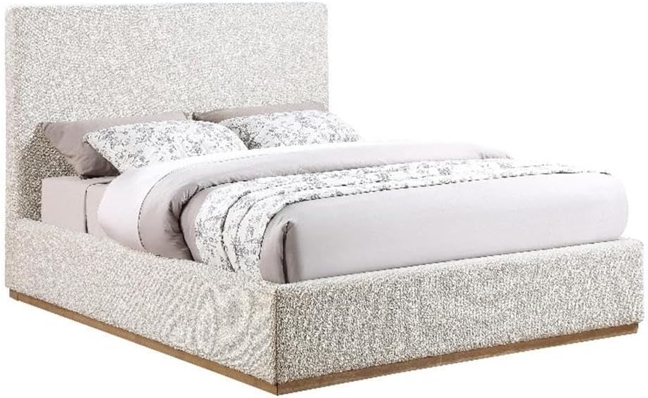 Meridian Furniture MonacoCream-Q Monaco Collection Modern | Contemporary Boucle Fabric Upholstered Queen Bed with Solid Wood Natural Wire Brush Finish, 65.5' W x 87.5' D x 52' H, Cream, Queen