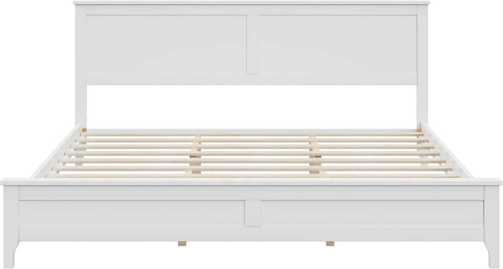 12 Inch Deluxe King Size Bed Frame with Headboard, Mid Century Retro Style White Wood Platform Beds Frames, No Box Spring Needed, 13 Strong Wooden Slat Support, Easy Assembly (White, King)