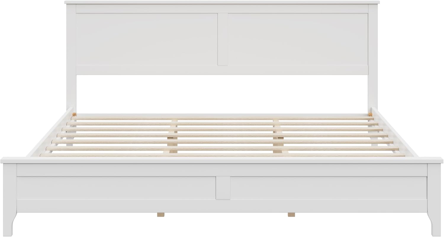 12 Inch Deluxe King Size Bed Frame with Headboard, Mid Century Retro Style White Wood Platform Beds Frames, No Box Spring Needed, 13 Strong Wooden Slat Support, Easy Assembly (White, King)