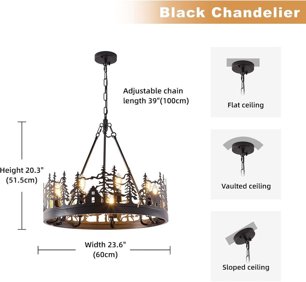 9-Light Rustic Farmhouse Chandelier, Black Wagon Wheel Pendant Light Fixture 23.6' Round Vintage Bear Chandelier for Dining Room Living Room Kitchen