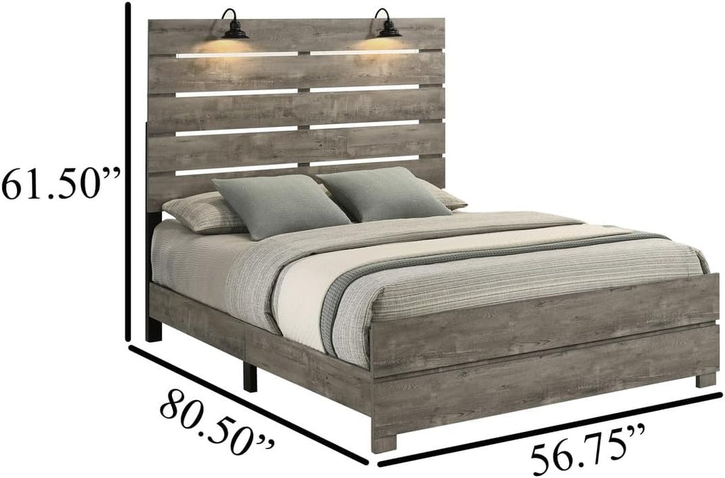 Best Quality Furniture 4Pc Antique Gray Wood Panel Bedroom Set with Headlamps