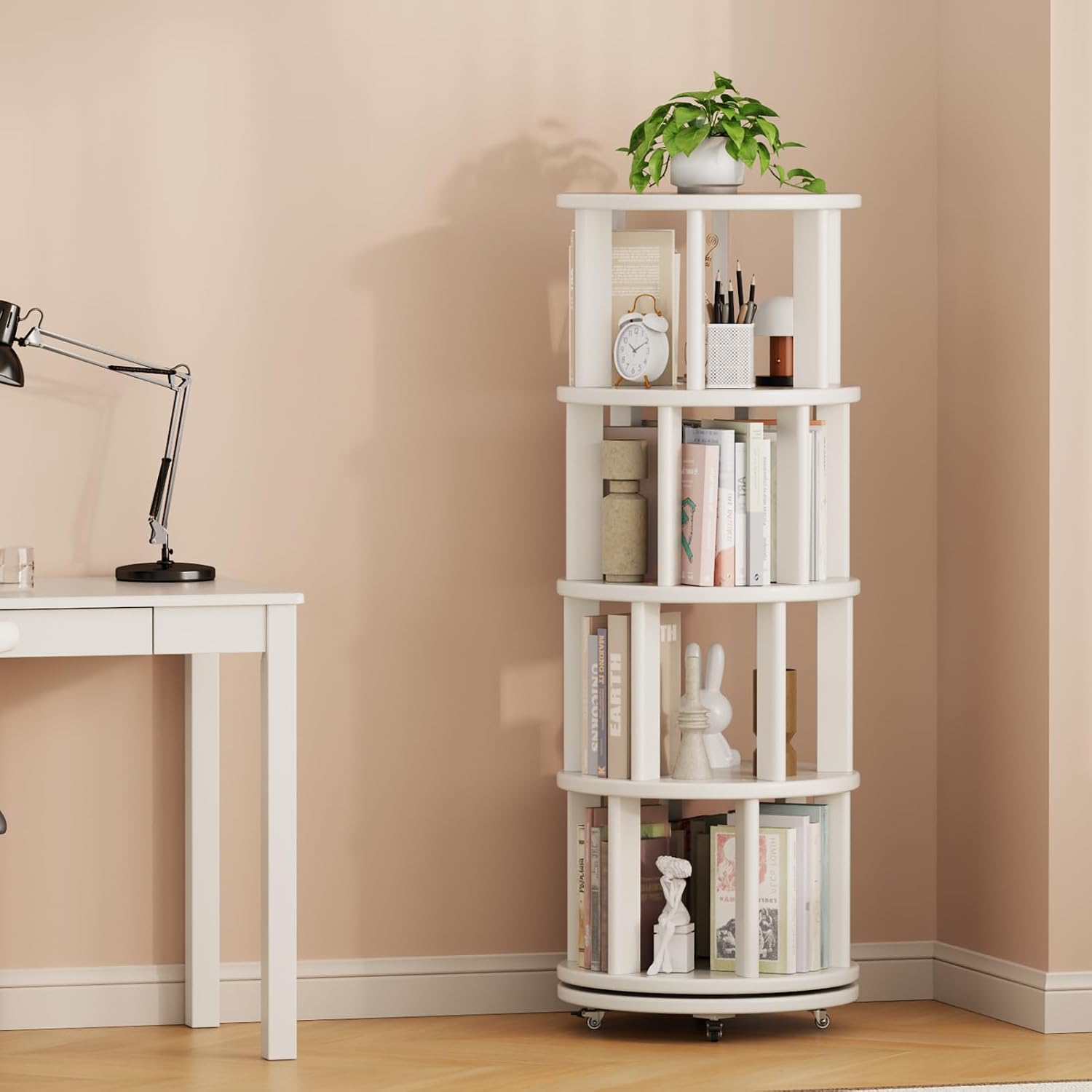 Muwuele Solid Wood Rotating Bookshelf on Wheels, 4 Tier, Round Revolving Bookcase, 360° Spinning Book Shelf Tower for Kids, Narrow Rolling Bookshelves for Small Space, Corner, Bedroom, Office, White