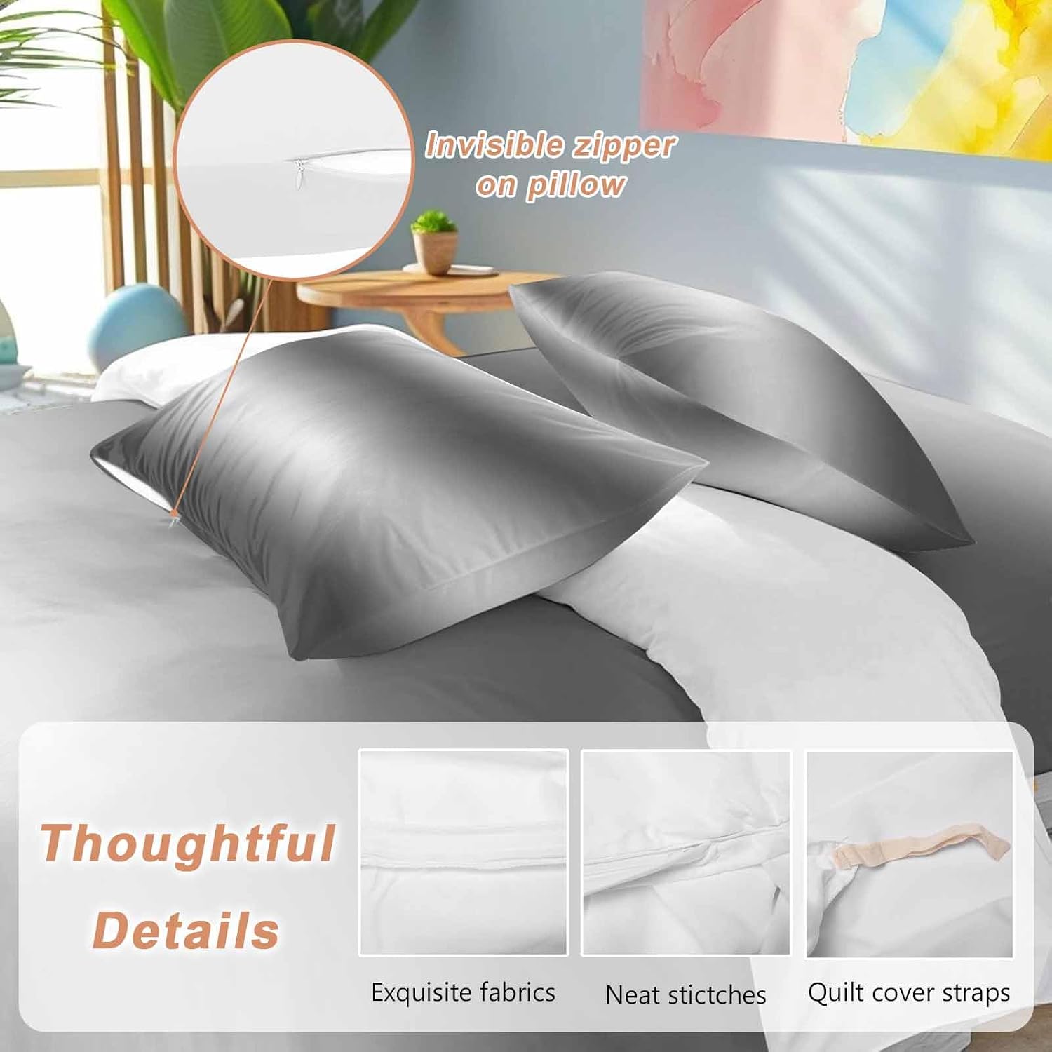Prime Leader Gradient Gray Duvet Cover Set Queen Size 4 Pieces Modern Minimalist Black Gray Ocean Beach Bedding Set with Zipper Closure, 1 Comforter Cover 86x86 Inches 1 Flat Sheet & 2 Pillow Cases