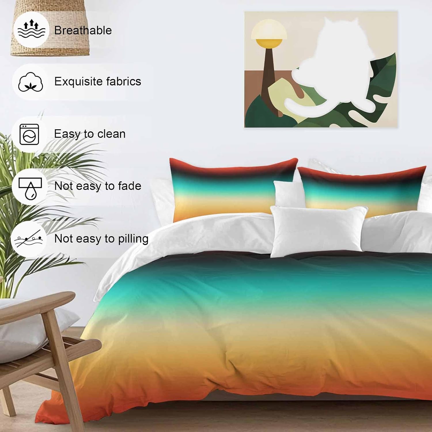 Bohemian Gradient Green Duvet Cover Set Queen Size 4 Pieces Modern Minimalist Orange Yellow Black Ocean Beach Bedding Set with Zipper Closure,1 Comforter Cover 90x92 Inches 1 Flat Sheet&2 Pillow Cases