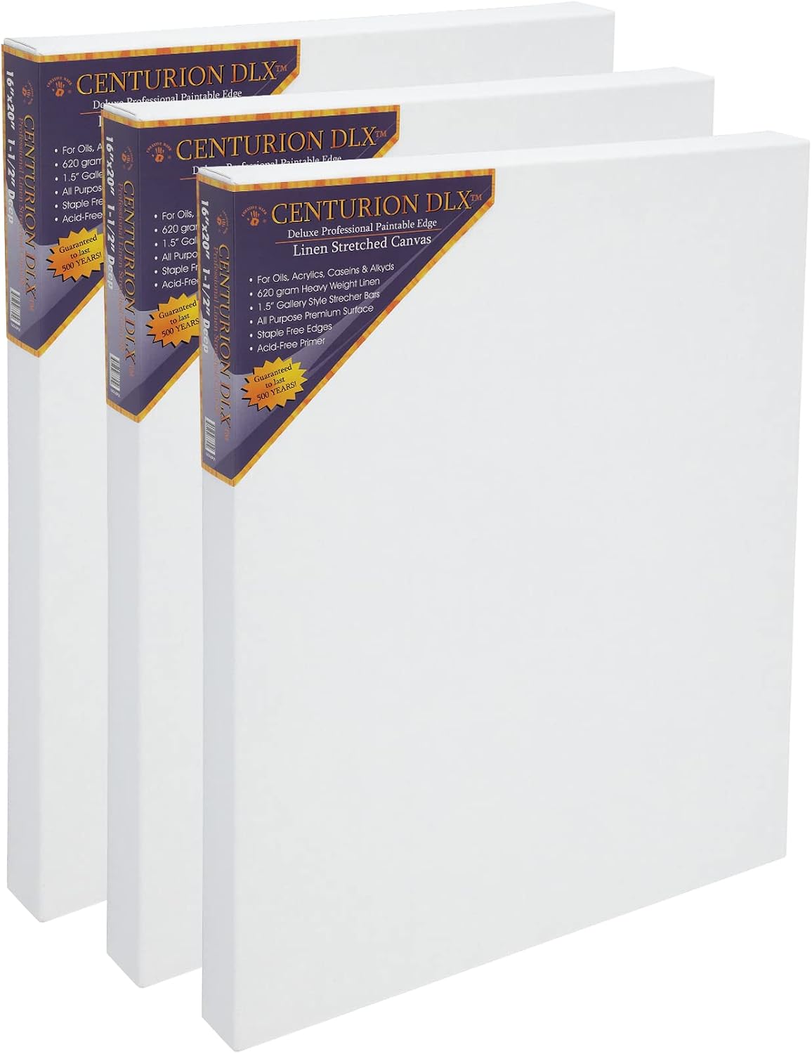 Centurion DLX Acrylic Primed Linen Stretched Canvases - 1.5' Deep Acrylic Primed Linen Canvas for Artists, Acrylics, Painting, Professionals, & More! - [3 Pack - 18x24]