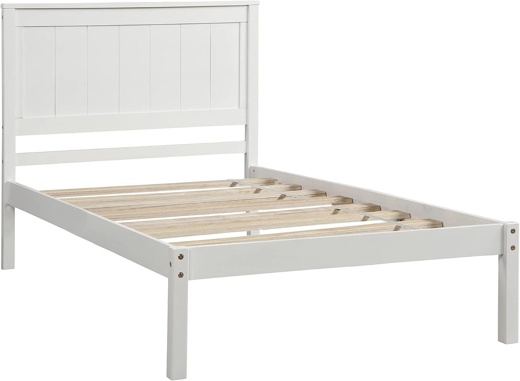 12 Inch Deluxe Twin Size Bed Frame with Headboard, Mid Century Retro Style White Wood Platform Beds Frames, No Box Spring Needed, 13 Strong Wooden Slat Support, Easy Assembly (White, Twin)