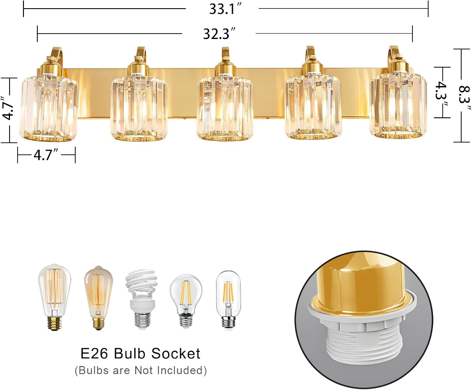 Modern Crystal Bathroom Vanity Light 5 Lights Crooked Gold Over Mirror Wall Lighting Fixture with Round Shade (Exclude Bulb)