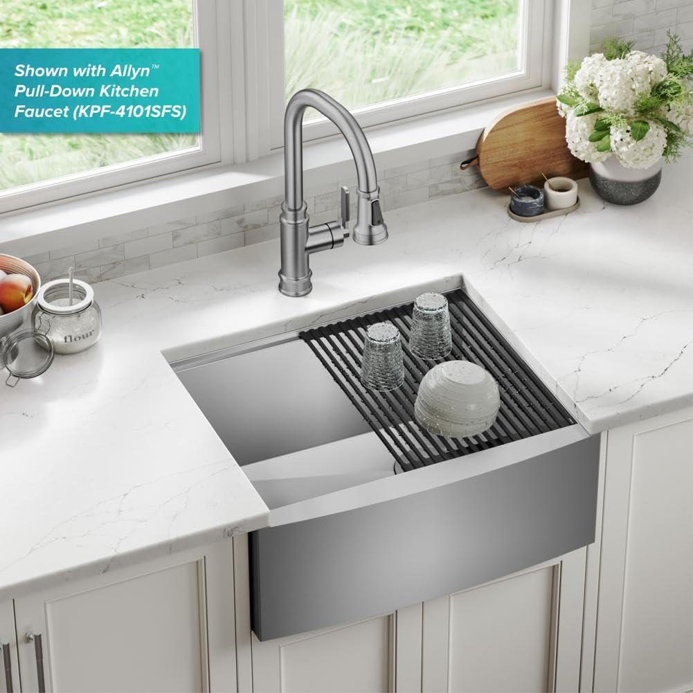 KRAUS Kore 24-Inch Farmhouse Workstation 16 Gauge Single Bowl Stainless Steel Kitchen Sink with Accessories, KWF210-24
