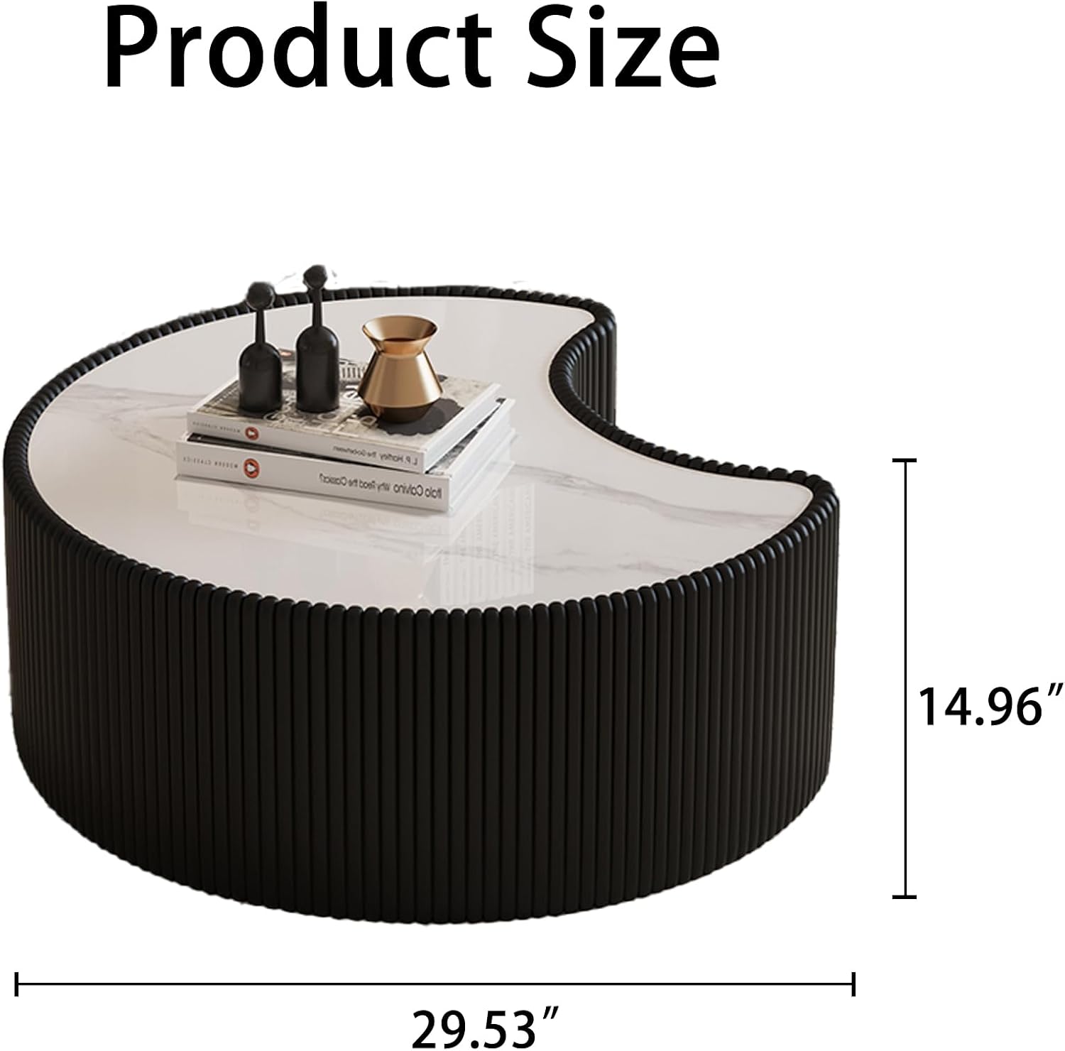 29.53' Black Round Coffee Table, Drum Coffee Table with Sintered Stone Tabletop and Fluted PU Leather Covered and Stable Base, Circle Cocktail Tea Table for Living Room