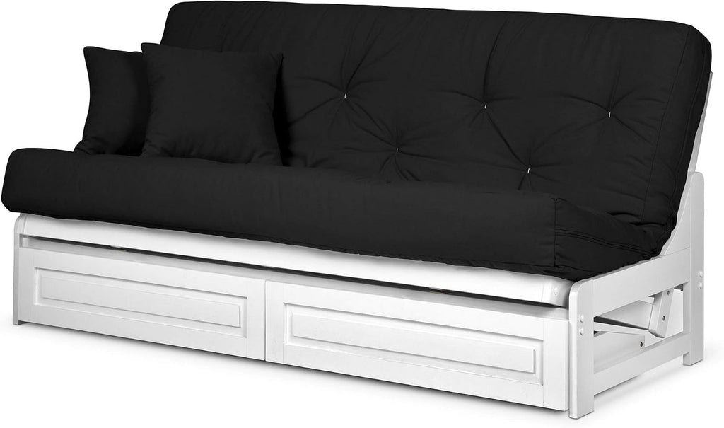Nirvana Futons Arden White Futon with Storage Drawers Full or Queen Size - Space Saving Armless Design with Comfortable Mattress (Twill Black), Sofa Bed Available in