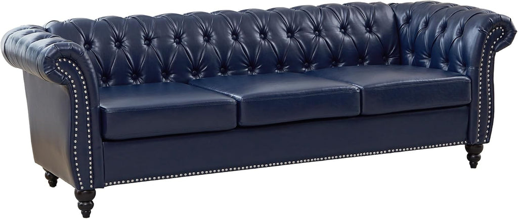 QHITTY Accent Large Sofa, Chesterfield Couch 3 Seater Modern Leather Couch Upholstered Sofa with Tufted Back for Living Room Furniture (Blue)