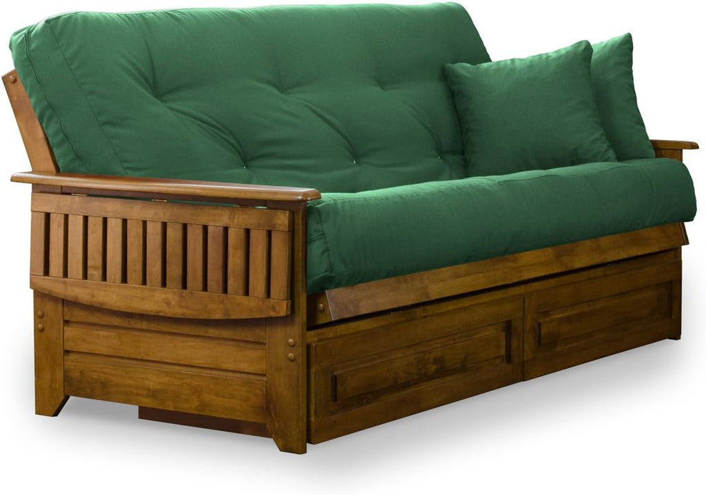 Nirvana Futons Brentwood Tray Arm Futon Frame, Drawers, and Hunter Green Mattress Set - Full, Rich Heritage Finish