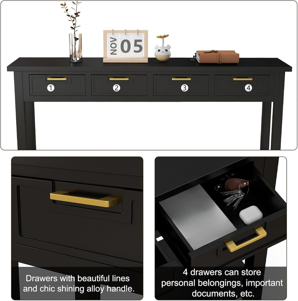 kinbor Black Entryway Table 60 Inch - Long Console Table with 4 Drawers, Narrow Sofa Table with Storage Shelf for Entryway Living Room