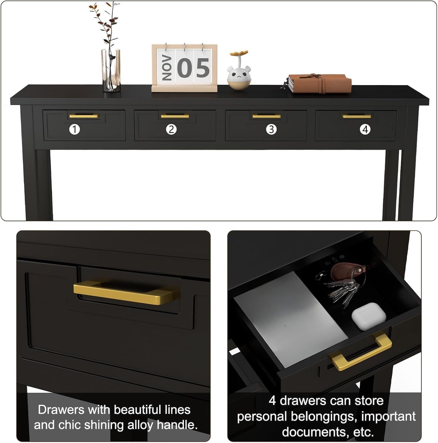 kinbor Black Entryway Table 60 Inch - Long Console Table with 4 Drawers, Narrow Sofa Table with Storage Shelf for Entryway Living Room