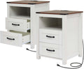 Farmhouse Night Stand Set of 2, Rustic White Nightstand for Bedroom, End Tables with Charging Station, Bedside Table with Drawers, Wood Bedside Cabinet Dresser