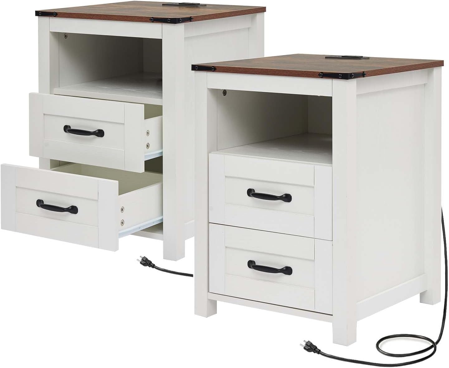 Farmhouse Night Stand Set of 2, Rustic White Nightstand for Bedroom, End Tables with Charging Station, Bedside Table with Drawers, Wood Bedside Cabinet Dresser