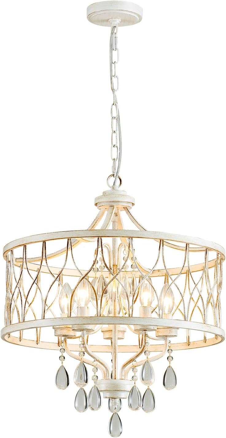 Modern Crystal Chandelier, 5-Light Farmhouse White Chandelier for Dining Room Vintage Hanging Pendant Light Fixtures Round Chandelier for Kitchen Island Entryway Foyer Bedroom Office Bar