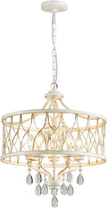 Modern Crystal Chandelier, 5-Light Farmhouse White Chandelier for Dining Room Vintage Hanging Pendant Light Fixtures Round Chandelier for Kitchen Island Entryway Foyer Bedroom Office Bar