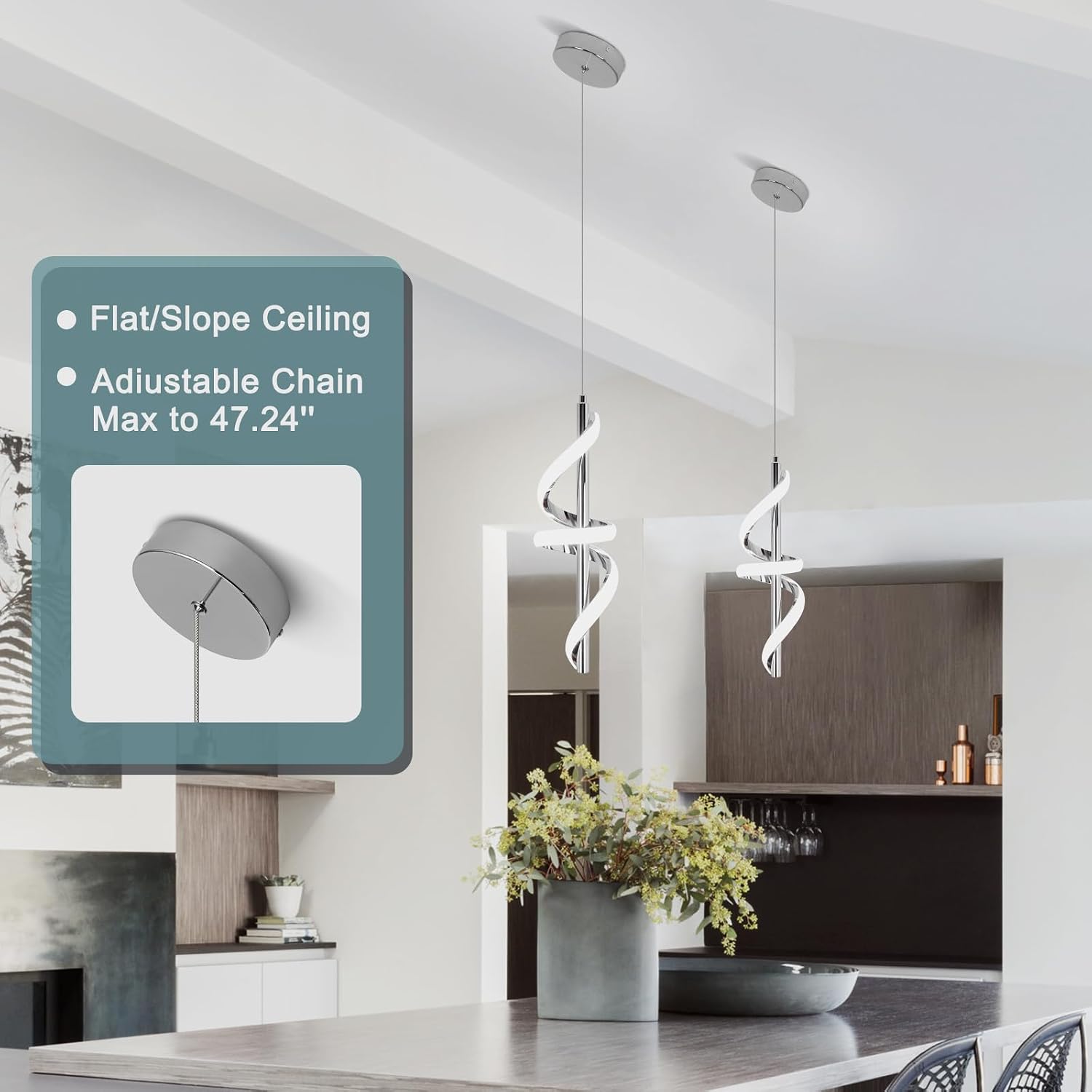 Spiral Led Pendant Light Fixtures, 5500K Cold White Modern Led Pendant Lamp Kitchen Island, Adjustable Height Kitchen Island Lights Fixtures for Dining Room Kitchen Bedroom Cafe, 3 Packs