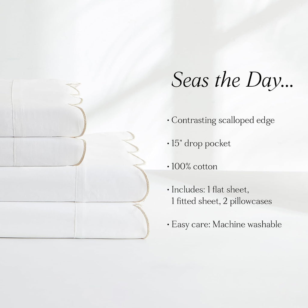 Lush Decor Coastal Chic Scalloped Edge Cotton Sheet Set 4 Piece Set Queen Neutral - White Sheets - Scallop Trim - Bed Sheets - Coastal Decor