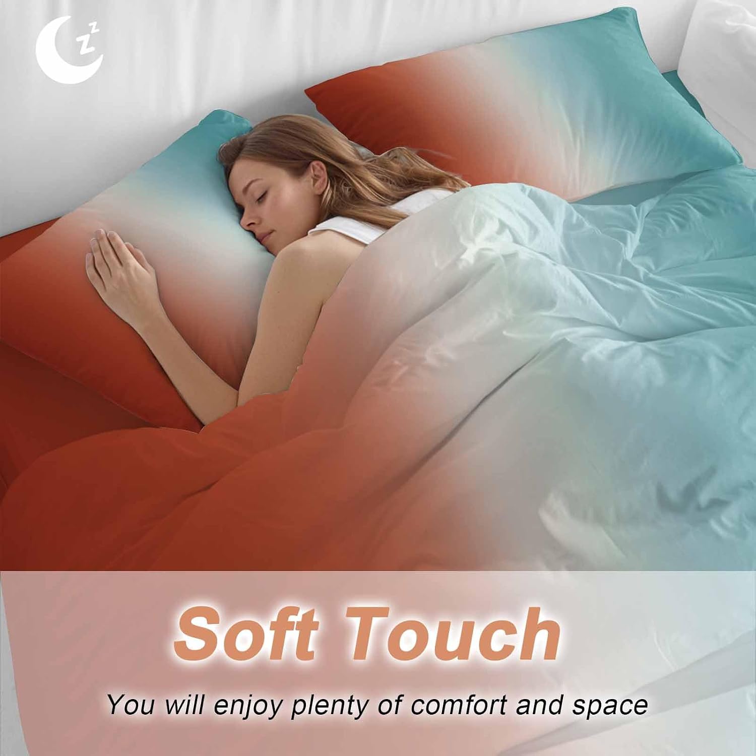 Gradient Orange Blue Duvet Cover Set Queen Size 4 Pieces Modern Abstract Minimalist Orange Ocean Beach Bedding Set with Zipper Closure, 1 Comforter Cover 92x106 Inches 1 Flat Sheet & 2 Pillow Cases