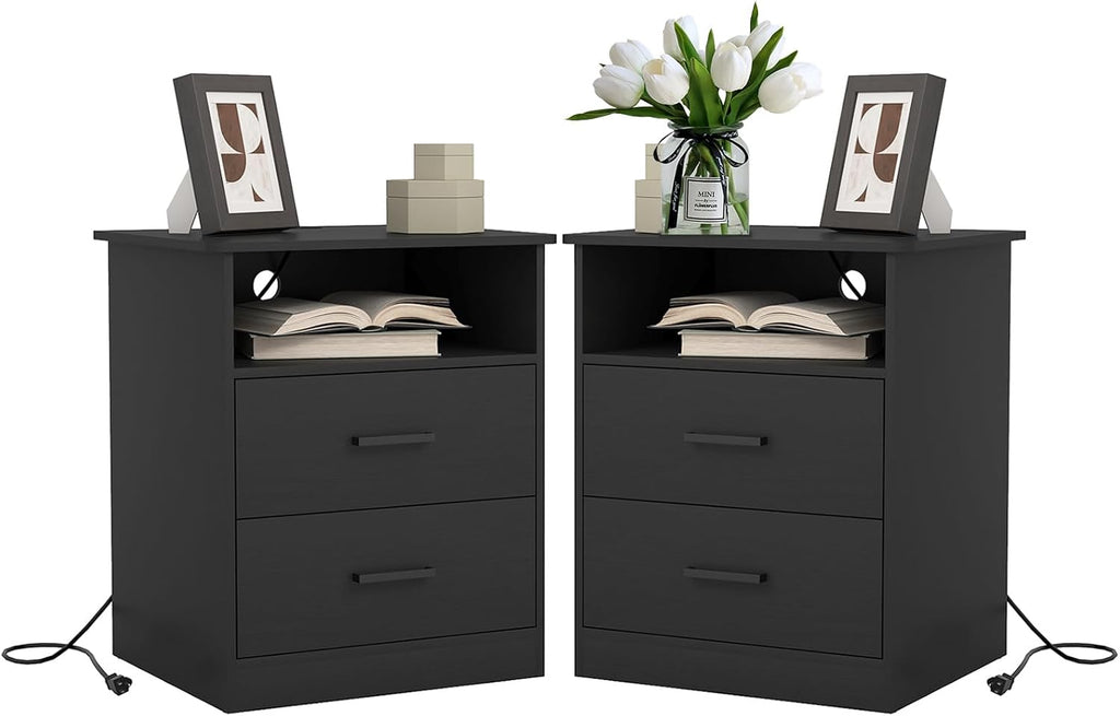 Spaco Black Nightstand Set of 2 with Charging Station,Modern Night Stand Set with 2 Drawers and Open Shelf,Bedside Tables with Storage for Bedroom, End Side Tables for Living Room