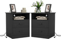 Spaco Black Nightstand Set of 2 with Charging Station,Modern Night Stand Set with 2 Drawers and Open Shelf,Bedside Tables with Storage for Bedroom, End Side Tables for Living Room
