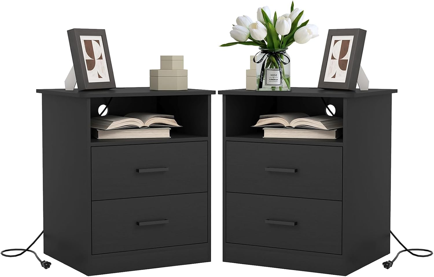 Spaco Black Nightstand Set of 2 with Charging Station,Modern Night Stand Set with 2 Drawers and Open Shelf,Bedside Tables with Storage for Bedroom, End Side Tables for Living Room