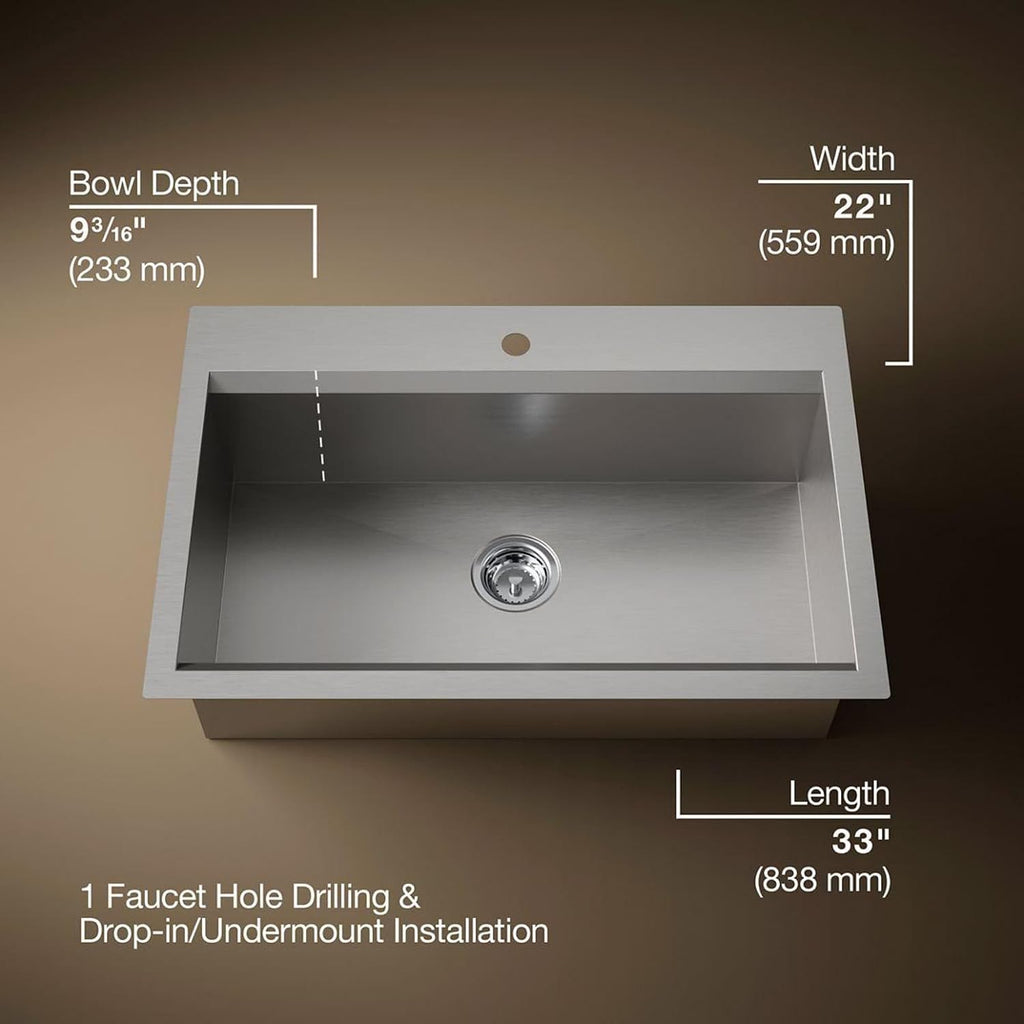 KOHLER 80084-1PC-NA Task™ 33' Top-/Undermount Single-Bowl Workstation Sink, Includes Kitchen Sink Accessories, Stainless Steel, 1 Faucet Hole