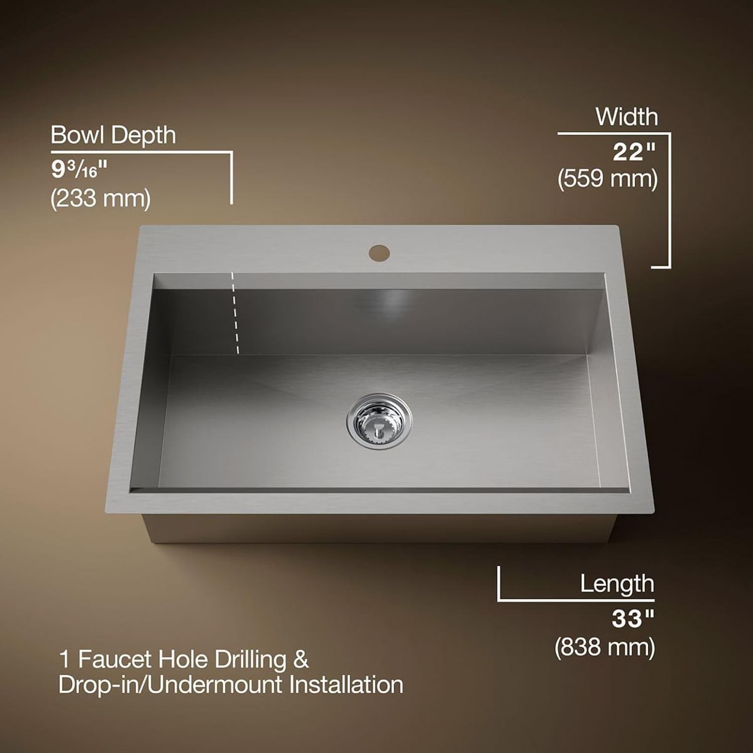KOHLER 80084-1PC-NA Task™ 33' Top-/Undermount Single-Bowl Workstation Sink, Includes Kitchen Sink Accessories, Stainless Steel, 1 Faucet Hole