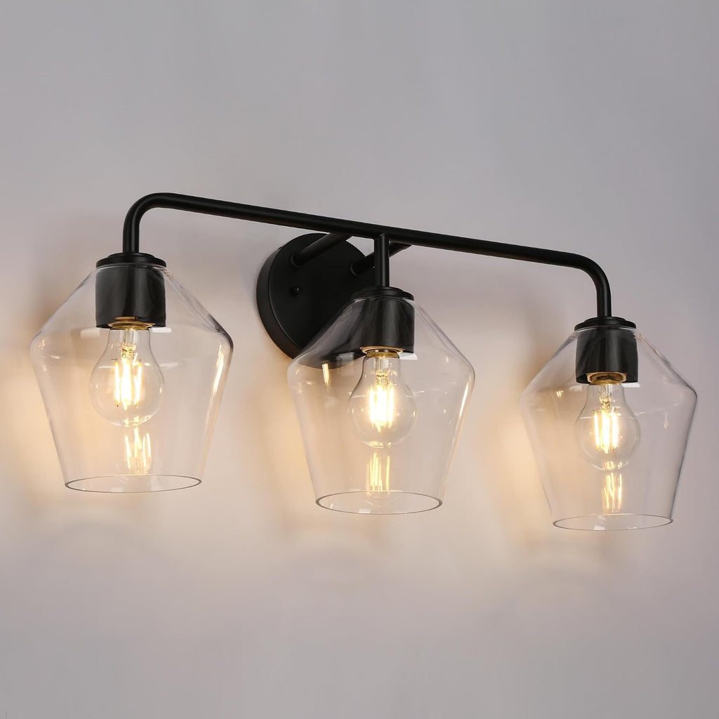 KSANA Bathroom Light Fixture, Modern Black Vanity Lights Over Mirror 3 Light Bathroom Lighting with Clear Glass