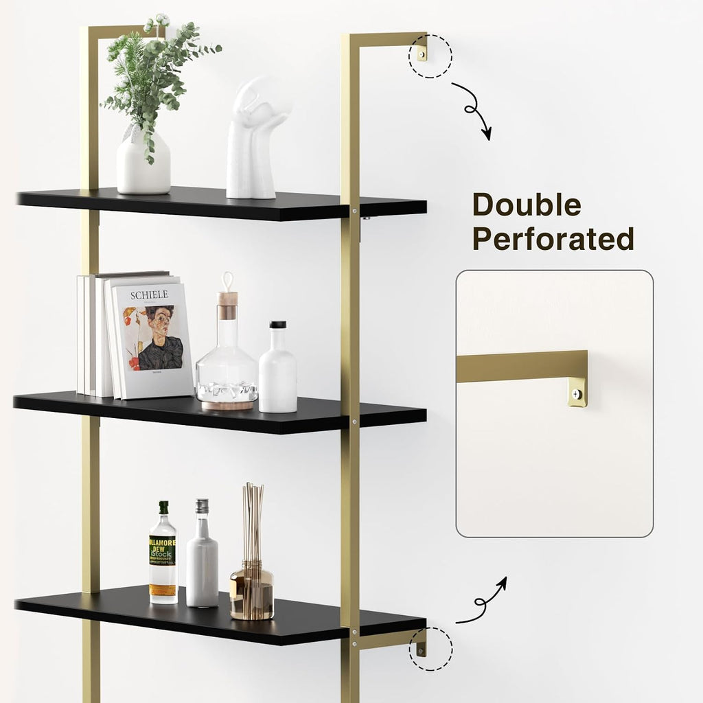 Halitaa Set of 2 Black & Gold Ladder Shelf with Storage Cabinet, Modern Ladder Bookshelf with Doors, Wall Mount Bookcase with Metal Frame, Display Shelves for Living/Bed/Bathroom, Home Office