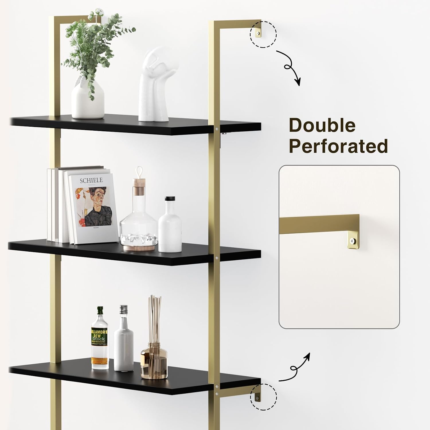 Halitaa Set of 2 Black & Gold Ladder Shelf with Storage Cabinet, Modern Ladder Bookshelf with Doors, Wall Mount Bookcase with Metal Frame, Display Shelves for Living/Bed/Bathroom, Home Office