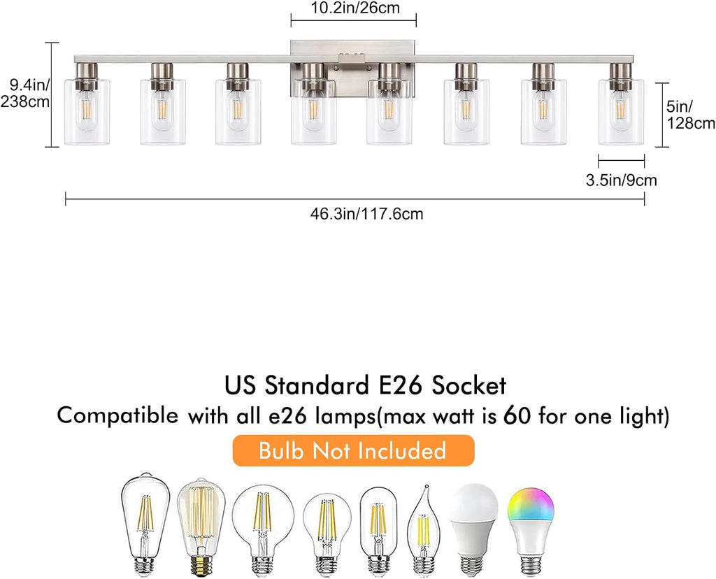 8 Light Bathroom Vanity Light, Large Brushed Nickel Vanity Lights Fixtures, Bathroom Lighting Fixture Over Mirror with Clear Glass Shade for Mirror, Bedroom, Living Room, Wall Lamp